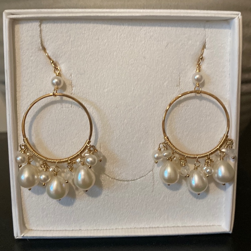 Pearl And Gold Hoop Dangle Statement Earrings Gem